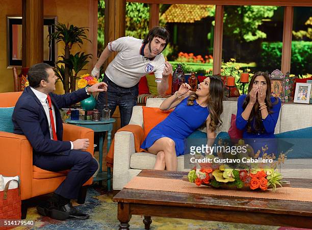 Alan Tacher, Sacha Baron Cohen, Ana Patricia Gamez and Francisca Lachapel are seen on the set of Univision's "Despierta America" to promote "The...