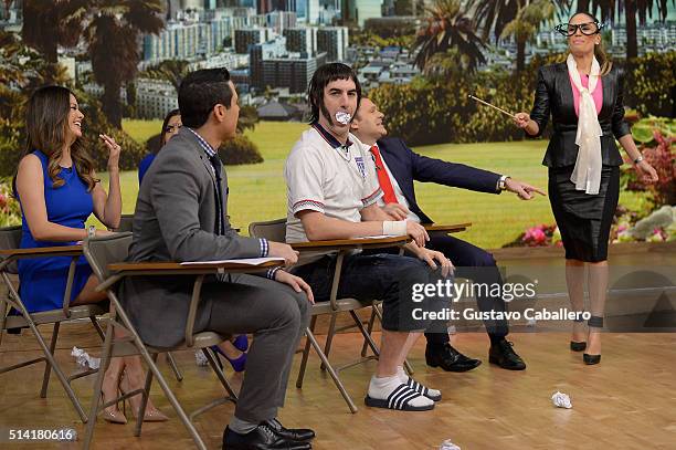 Actor Sacha Baron Cohen, Alan Tacher and Karla Martinez are seen on the set of Univision's "Despierta America" to promote "The Brothers Grimsby" at...