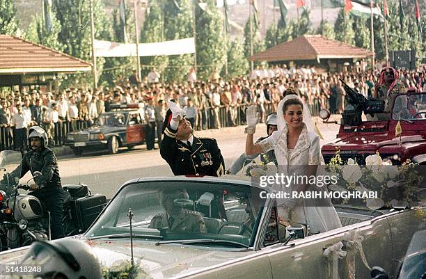 Picture dated 10 June 1993 shows Jordanian Crown Prince Abdullah and his wife Rania on their wedding day in Amman. Abdullah Ibn Hussein of Jordan