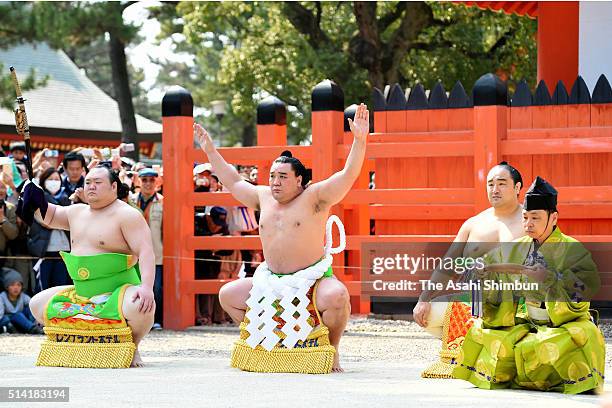 Japanese Ritual Sumo Yokozuna Perform Dohyo Iri Ritual At Sumiyoshi Taisha Shrine Photos and ...
