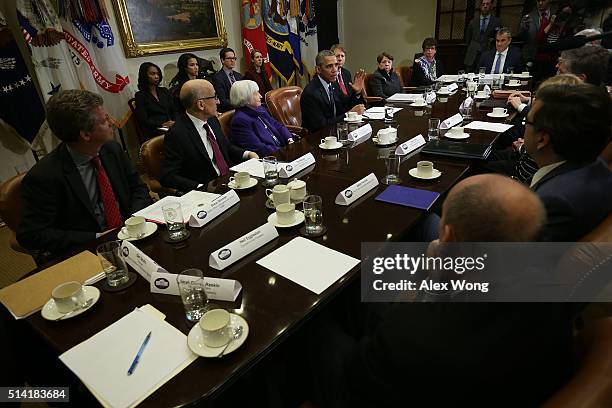 President Barack Obama speaks during a meeting with financial regulators at the Roosevelt Room of the White House March 7, 2016 in Washington, DC....