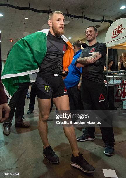 Conor McGregor warms up backstage during the UFC 196 in the MGM Grand Garden Arena on March 5, 2016 in Las Vegas, Nevada.