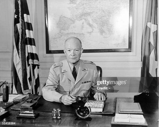 The former Commander in chief of the Allied forces in Europe and the future US President General Dwight David "Ike" Eisenhower poses for a...