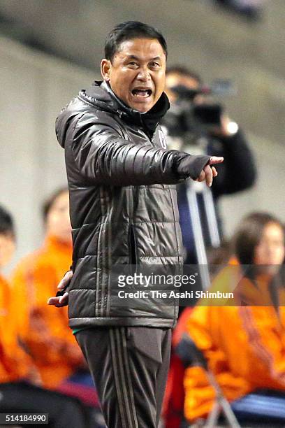 Norio Sasaki head coach of Japan gestures during the AFC Women's Olympic Final Qualification Round match between Japan and China at Kincho Stadium on...