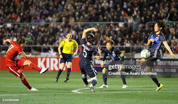 Gu Yasha of China scores her team's second goal during the AFC Women's Olympic Final Qualification Round match between Japan and China at Kincho...