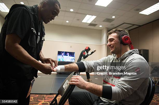 Gian Villante gets his hands wrapped backstage during the UFC 196 in the MGM Grand Garden Arena on March 5, 2016 in Las Vegas, Nevada.