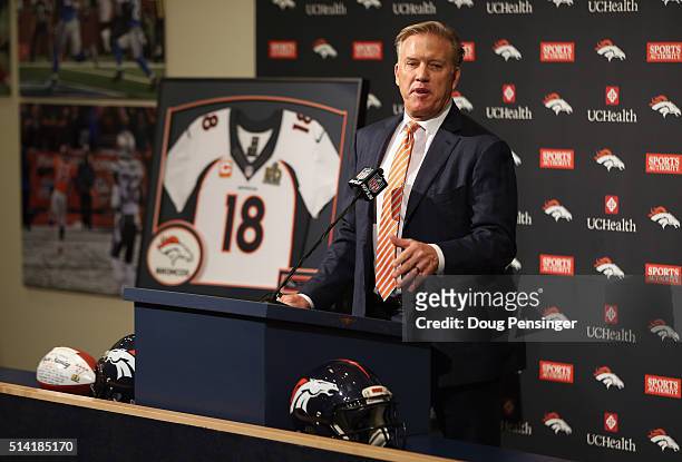 Denver Broncos Executive Vice President of Football Operations and General Manager John Elway addresses the media during Peyton Manning's NFL...