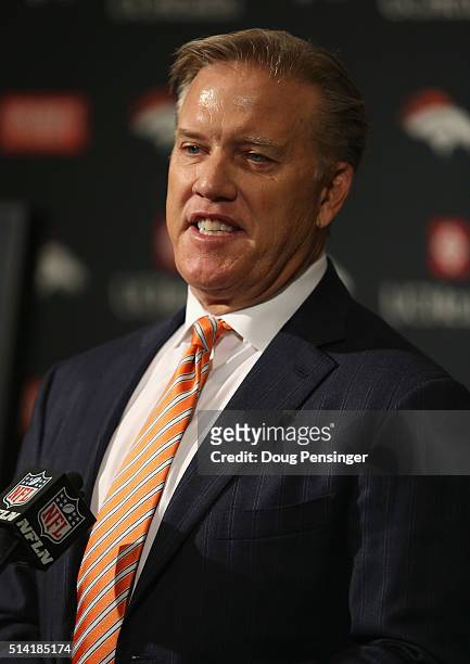 Denver Broncos Executive Vice President of Football Operations and General Manager John Elway addresses the media during Peyton Manning's NFL...