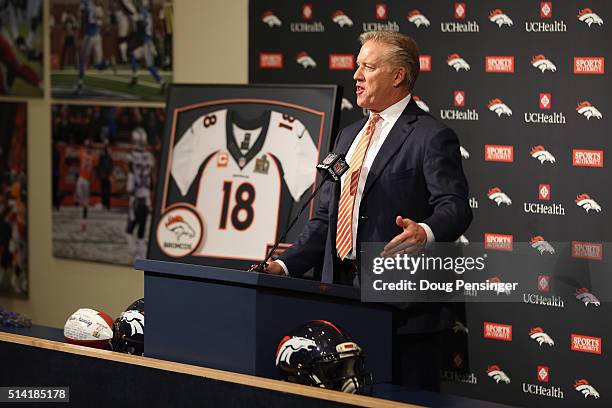 Denver Broncos Executive Vice President of Football Operations and General Manager John Elway addresses the media during Peyton Manning's NFL...