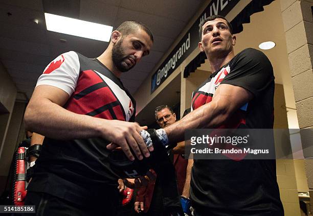 Nordine Taleb gets his hanses wrapped backstage during the UFC 196 in the MGM Grand Garden Arena on March 5, 2016 in Las Vegas, Nevada.