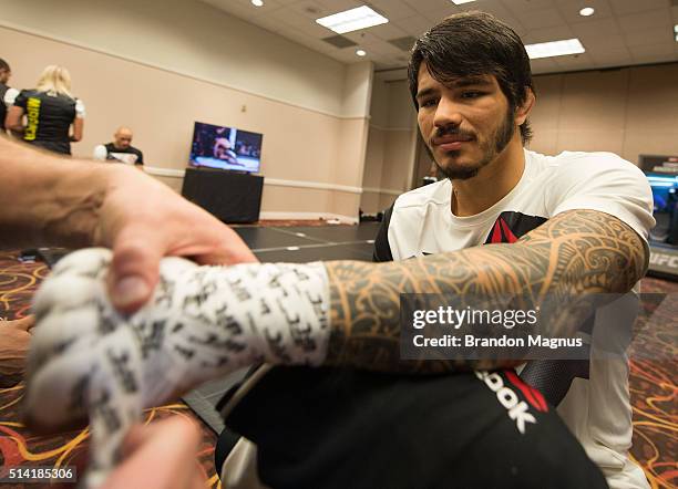 Erick Silva gets his hands wrapped backstage during the UFC 196 in the MGM Grand Garden Arena on March 5, 2016 in Las Vegas, Nevada.