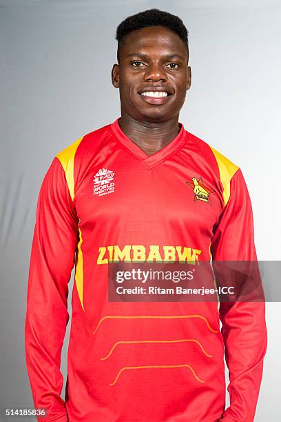 Tawanda Mupariwa of Zimbabwe poses during the official photocall for the ICC Twenty20 World on March 7, 2016 in Nagpur, India.