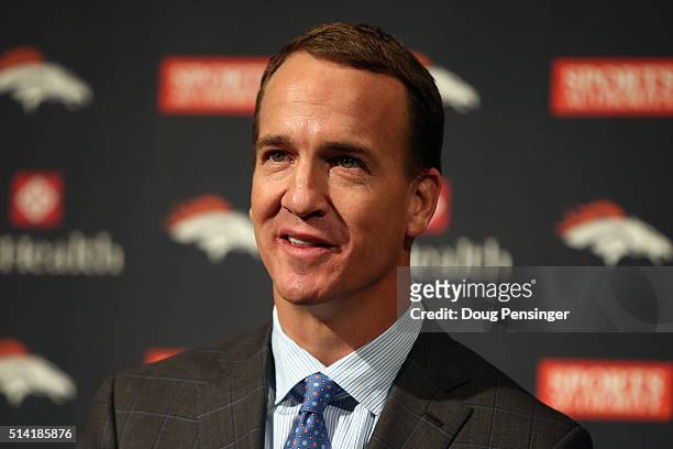 Quarterback Peyton Manning addresses the media as he announces his retirement from the NFL at the UCHealth Training Center on March 7, 2016 in...
