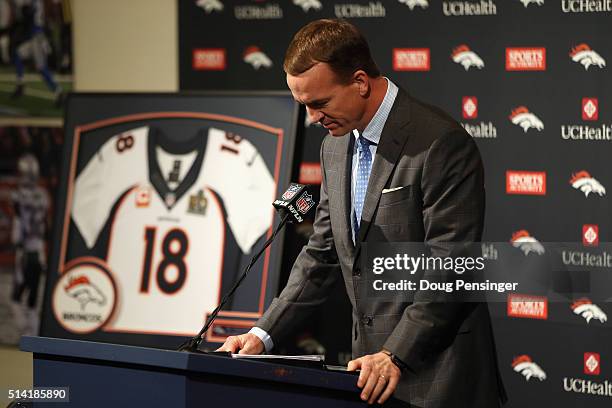 Quarterback Peyton Manning reacts as he announces his retirement from the NFL at the UCHealth Training Center on March 7, 2016 in Englewood,...