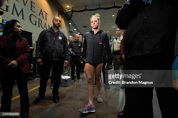 Holly Holm prepares to enter the Octagon before facing Miesha Tate in their women's bantamweight championship bout during the UFC 196 in the MGM...