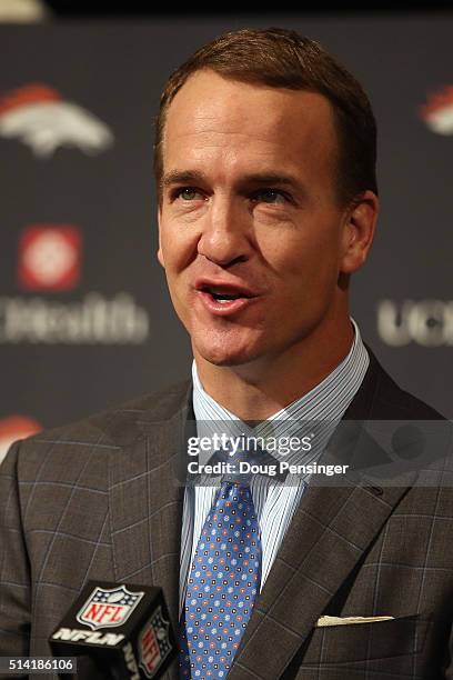 Quarterback Peyton Manning addresses the media as he announces his retirement from the NFL at the UCHealth Training Center on March 7, 2016 in...