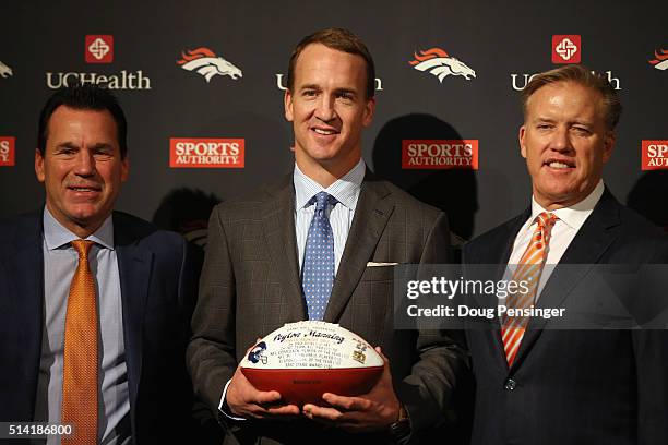 Denver Broncos Head Coach Gary Kubiak, quarterback Peyton Manning, and Denver Broncos Executive Vice President of Football Operations and General...