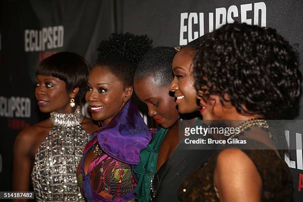 Zainab Jah, Akosua Busia, Lupita Nyong'o, Saycon Sengbloh and Pascale Armand pose at the Opening Night After Party for "Eclipsed" at Gotham Hall on...
