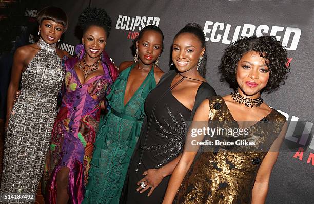 Zainab Jah, Akosua Busia, Lupita Nyong'o, Saycon Sengbloh and Pascale Armand pose at the Opening Night After Party for "Eclipsed" at Gotham Hall on...