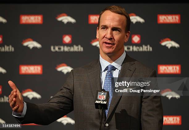 Quarterback Peyton Manning addresses the media as he announces his retirement from the NFL at the UCHealth Training Center on March 7, 2016 in...