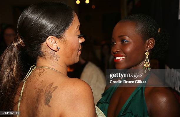 Producer La La Anthony and Lupita Nyong'o chat at the Opening Night After Party for "Eclipsed" at Gotham Hall on March 6, 2016 in New York City.