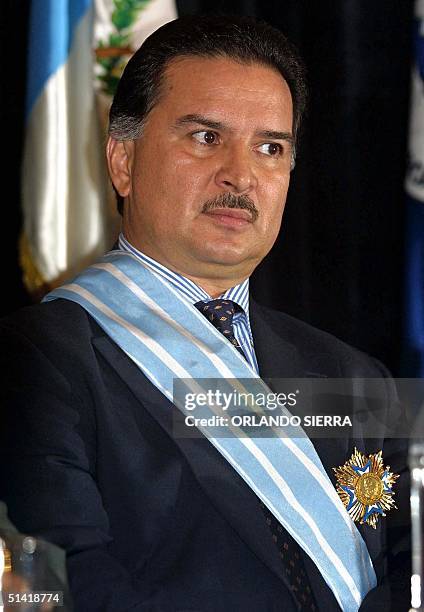 The President of Guatemala of Alfonso Portillo, participates, 28 October 2002, in a public event in Guatemala City. Abot 70% of the Guatemalan...
