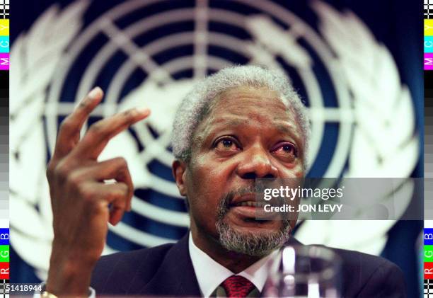 United Nations Secretary General Kofi Annan addresses a press conference 13 February at UN headquarters in New York. Annan, giving his first press...