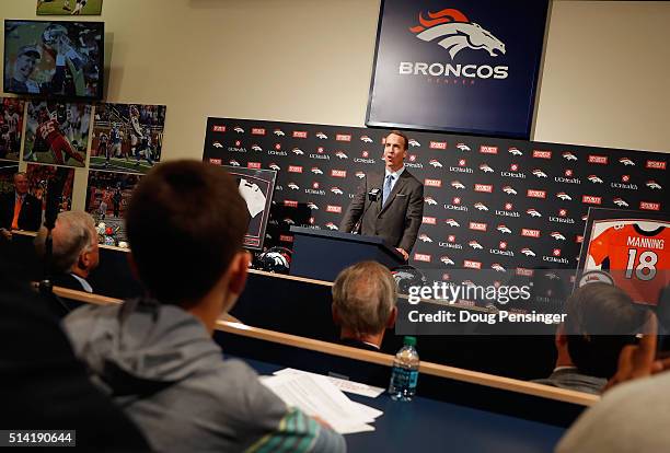 Quarterback Peyton Manning addresses the media as he announces his retirement from the NFL at the UCHealth Training Center on March 7, 2016 in...