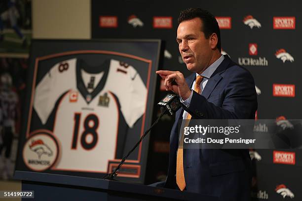 Denver Broncos Head Coach Gary Kubiak addresses the media during Peyton Manning's NFL retirement press conference at the UCHealth Training Center on...