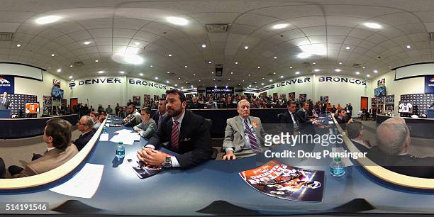 Quarterback Peyton Manning addresses the media as he announces his retirement from the NFL at the UCHealth Training Center on March 7, 2016 in...