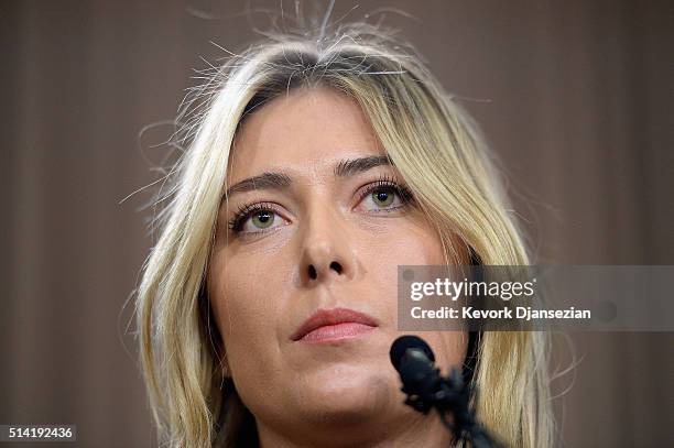 Tennis player Maria Sharapova addresses the media regarding a failed drug test at The LA Hotel Downtown on March 7, 2016 in Los Angeles, California....