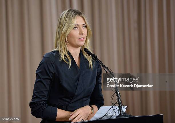 Tennis player Maria Sharapova addresses the media regarding a failed drug test at The LA Hotel Downtown on March 7, 2016 in Los Angeles, California....
