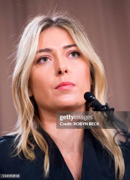 Russian tennis player Maria Sharapova speaks at a press conference in downtown Los Angeles, California, March 7, 2016. - The former world number one...