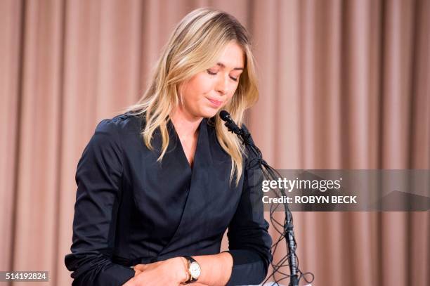 Russian tennis player Maria Sharapova speaks at a press conference in downtown Los Angeles, California, March 7, 2016. - The former world number one...