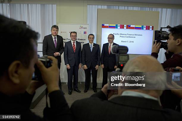 Mauricio Cardenas, Colombia's finance minister, from left, Luis Videgaray, Mexico's finance minister, Alonso Segura, Peru's finance minister, and...