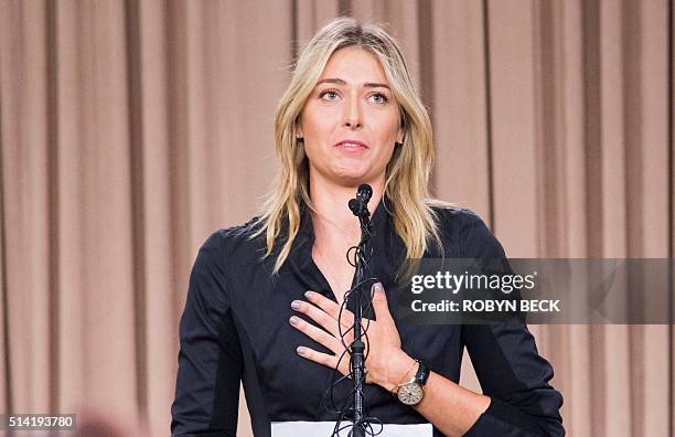 Russian tennis player Maria Sharapova speaks at a press conference in downtown Los Angeles, California, March 7, 2016. The former world number one...