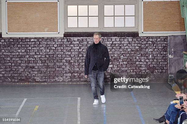 Fashion designer Bill Gaytten walks the runway at the John Galliano Autumn Winter 2016 fashion show during Paris Fashion Week on March 6, 2016 in...