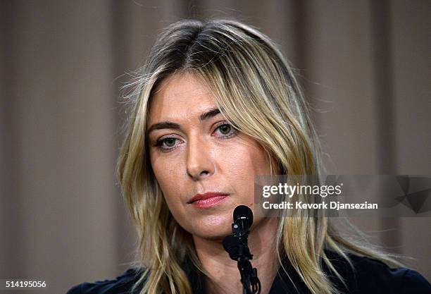 Tennis player Maria Sharapova addresses the media regarding a failed drug test at the Australian Open at The LA Hotel Downtown on March 7, 2016 in...