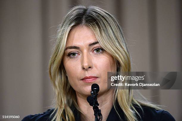 Tennis player Maria Sharapova addresses the media regarding a failed drug test at the Australian Open at The LA Hotel Downtown on March 7, 2016 in...