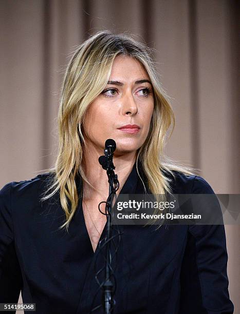 Tennis player Maria Sharapova addresses the media regarding a failed drug test at the Australian Open at The LA Hotel Downtown on March 7, 2016 in...