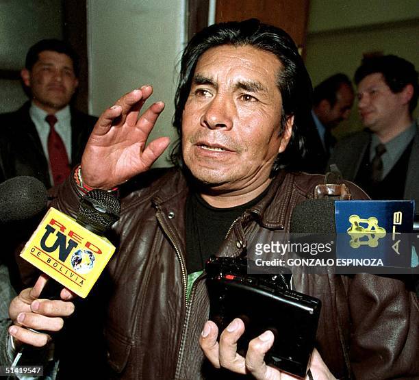 Bolivian peasant leader, Felipe Quispe, talks to reporters 10 July 2001 in La Paz. Quispe, who is also known as "Mallku" , answered crime charges...