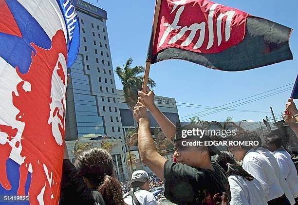 Young boy carries a Frente Farabundo Marti for the Liberacion Nacional flag and a portrait of "Che" Guevara during a protest against US president...