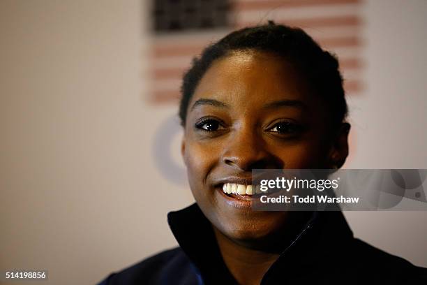 Gymnast Simone Biles addresses the media at the USOC Olympic Media Summit at The Beverly Hilton Hotel on March 7, 2016 in Beverly Hills, California.