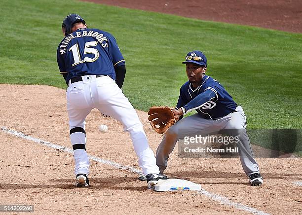 Jemile Weeks of the San Diego Padres awaits the ball as Will Middlebrooks of the Milwaukee Brewers hustles back to first base during the fifth inning...