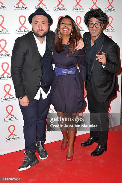 Raphal Yem, Samira Ibrahim and Sebastien Folin attend the Sidaction 2016 Launch party photocall at Musee du Quai Branly on March 7, 2016 in Paris,...