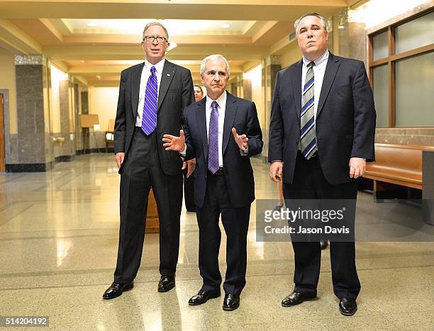 Attorneys Randy Kinnard, Bruce Broillet and Scott Carr make a statement to the press following the verdict of Sportscaster and television personality...
