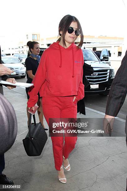 Selena Gomez is seen at LAX on March 07, 2016 in Los Angeles, California.