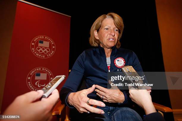 Equestrian athlete Beezie Madden addresses the media at the USOC Olympic Media Summit at The Beverly Hilton Hotel on March 7, 2016 in Beverly Hills,...