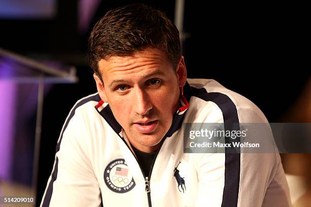 Swimmer Ryan Lochte addresses the media at the USOC Olympic Meida Summit at The Beverly Hilton Hotel on March 7, 2016 in Beverly Hills, California.