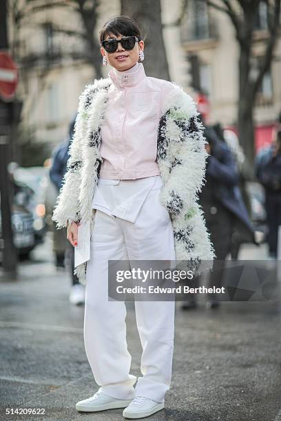 Leaf Greener is seen, after the Giambattista Valli show, during Paris Fashion Week, Womenswear Fall Winter 2016/2017, on March 7, 2016 in Paris,...